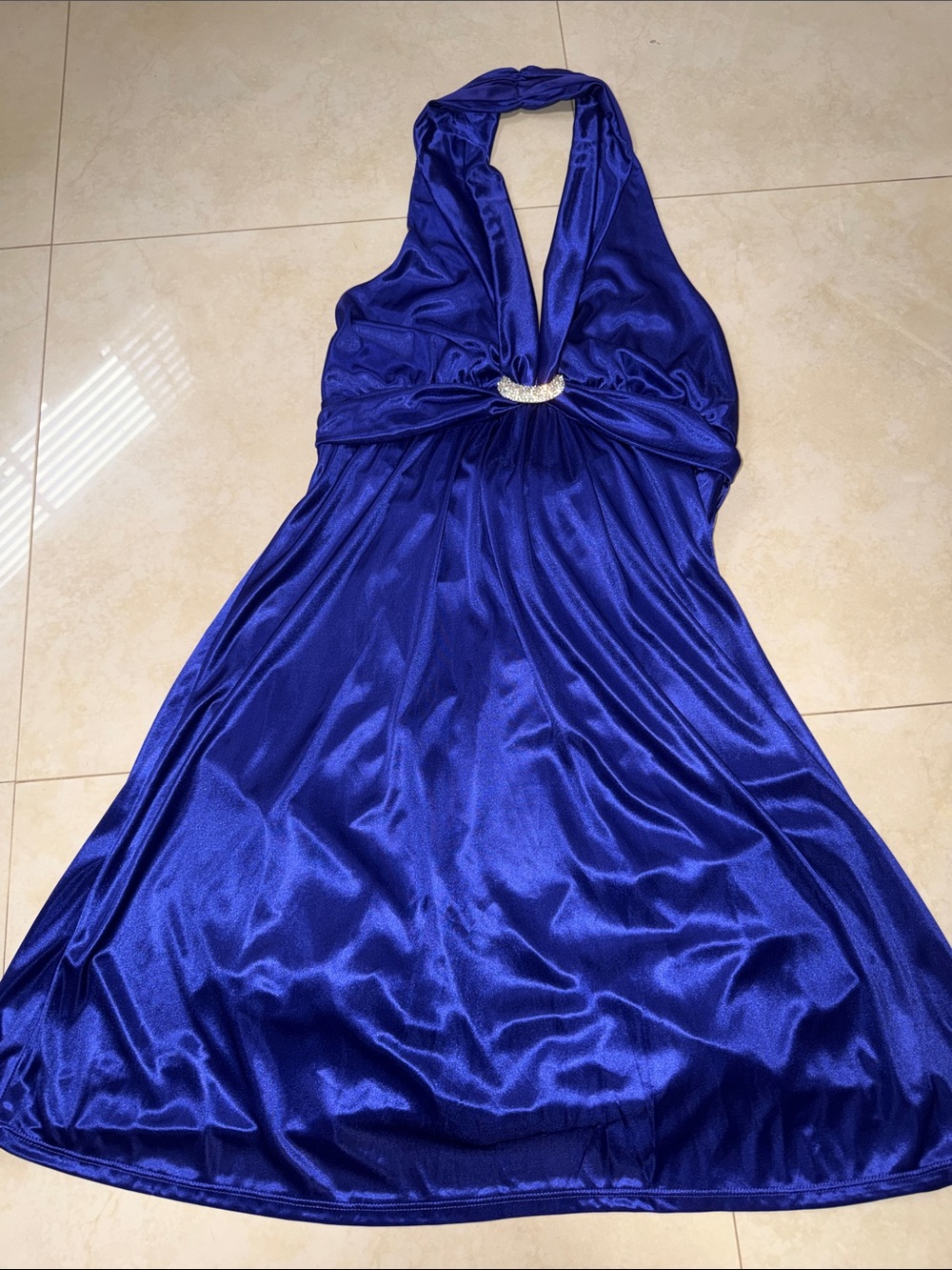 My Michelle Halter Satin Dress in Cobalt Blue with Rhinestone Accent
